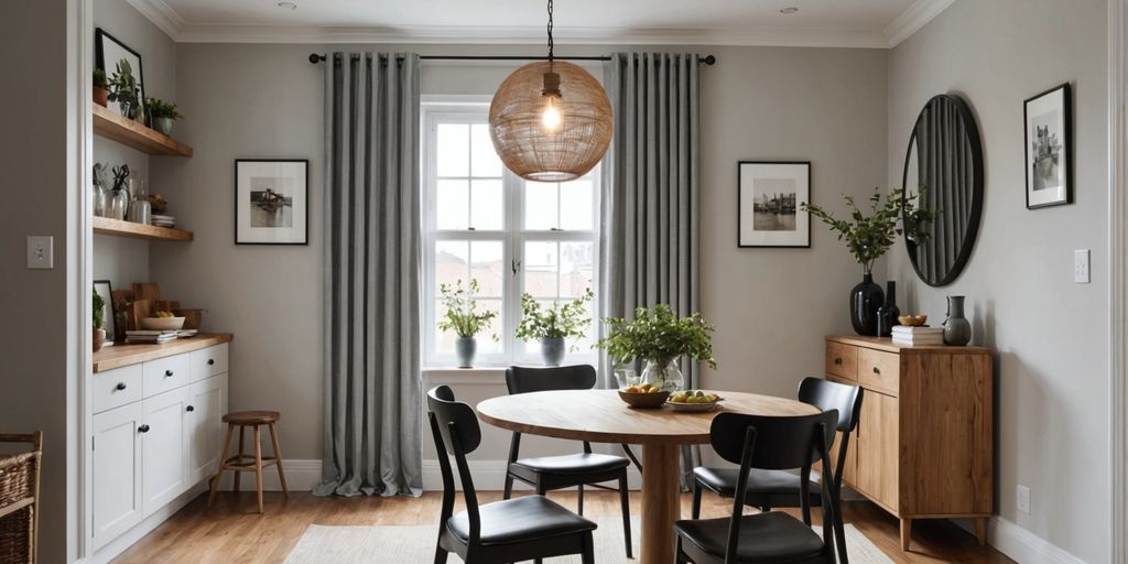 Cozy small dining room with round table and mirror.