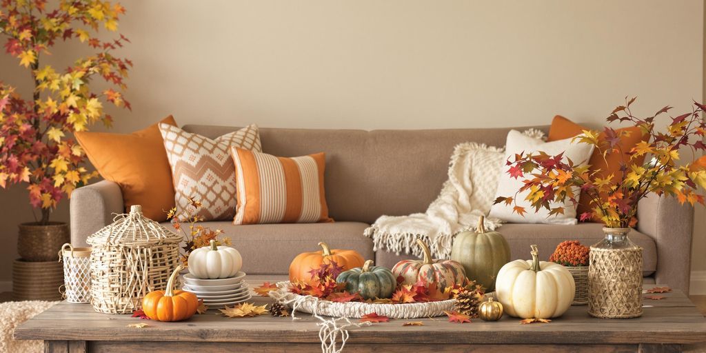 Cozy autumn living room with decorations and warm tones.