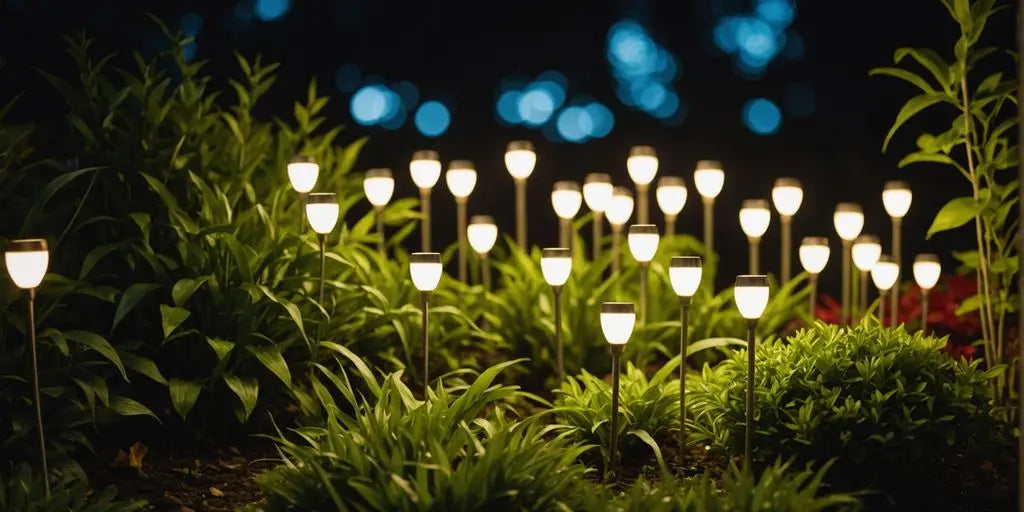 LED garden spot lights in a colorful nighttime garden.