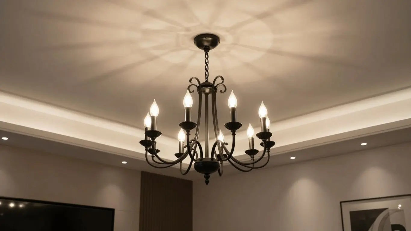 Elegant black chandelier in a modern living room.