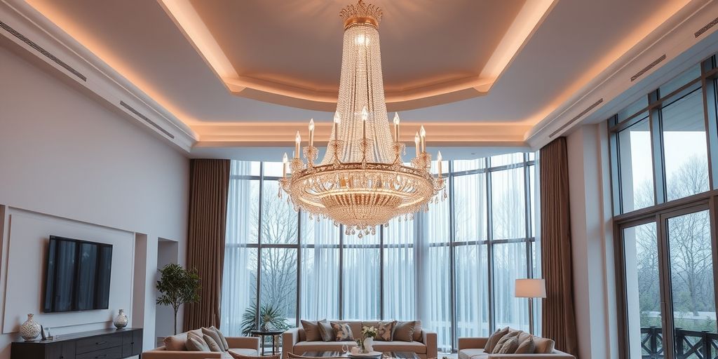 Luxurious chandelier in modern living room