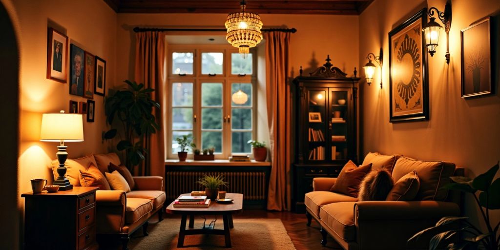 Cozy room with stylish lighting fixtures and warm glow.