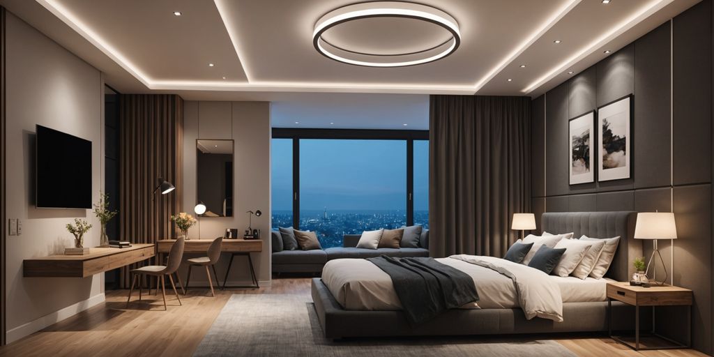 Cozy bedroom with modern LED ceiling lights.