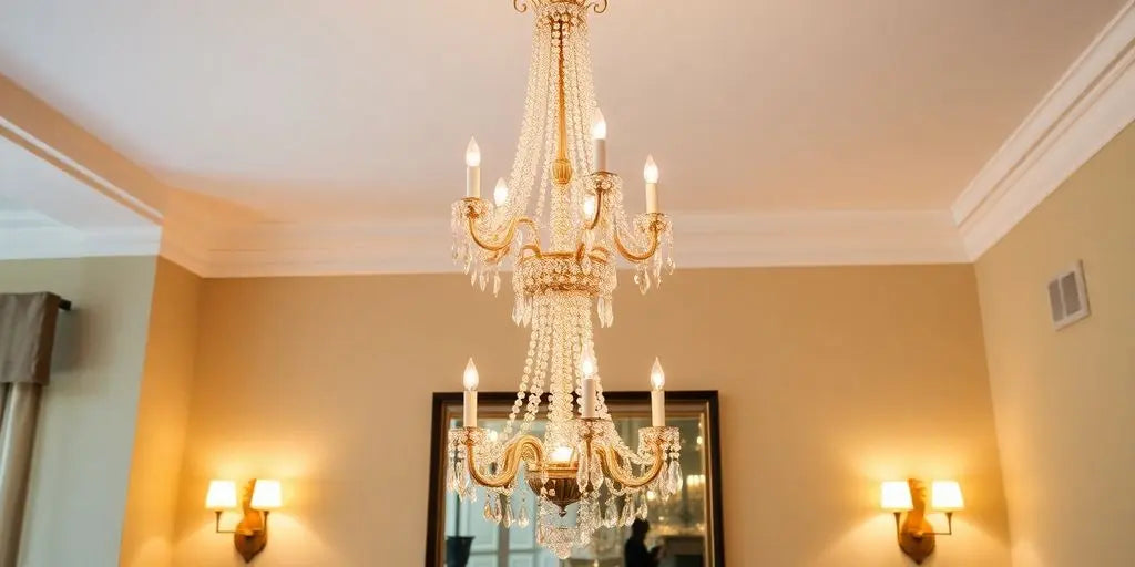 Elegant chandelier with matching wall lights in dining room.