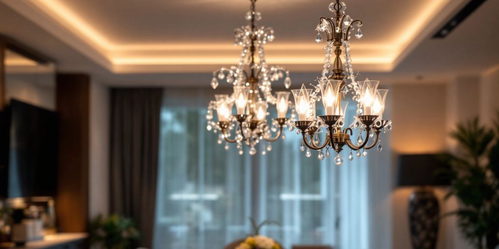 Elegant LED chandelier in a stylish dining room.