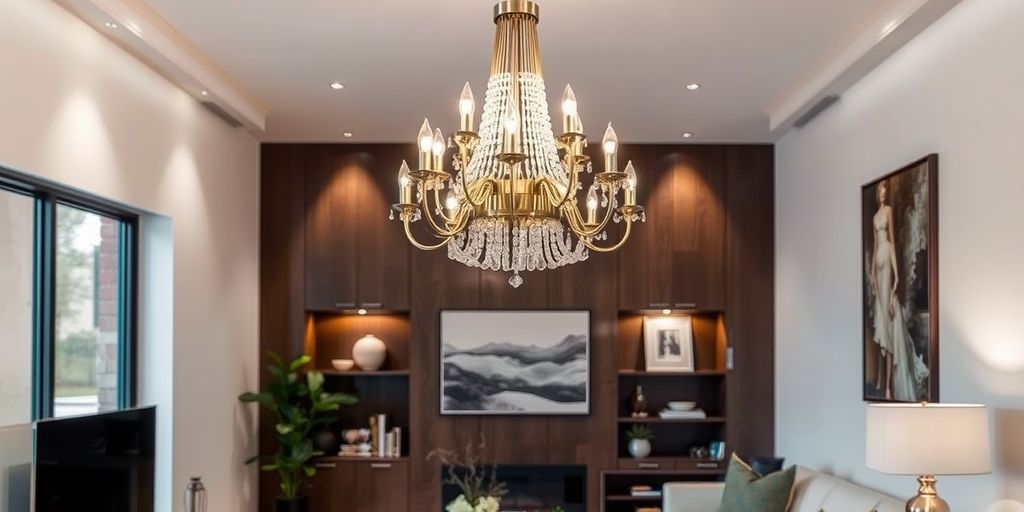 Modern living room with stylish chandelier