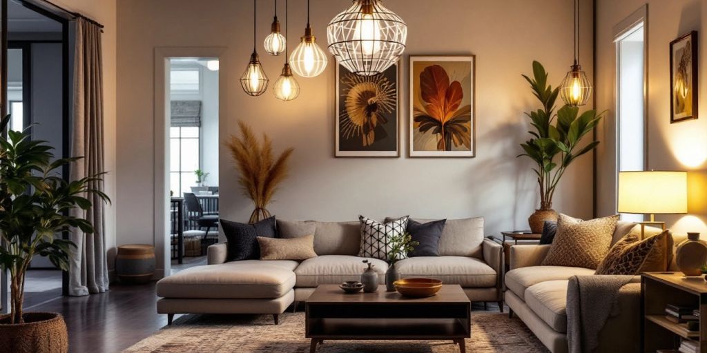 Cozy living room with stylish pendant lights.