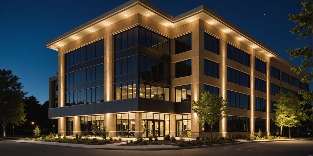 Commercial building with LED lights at night