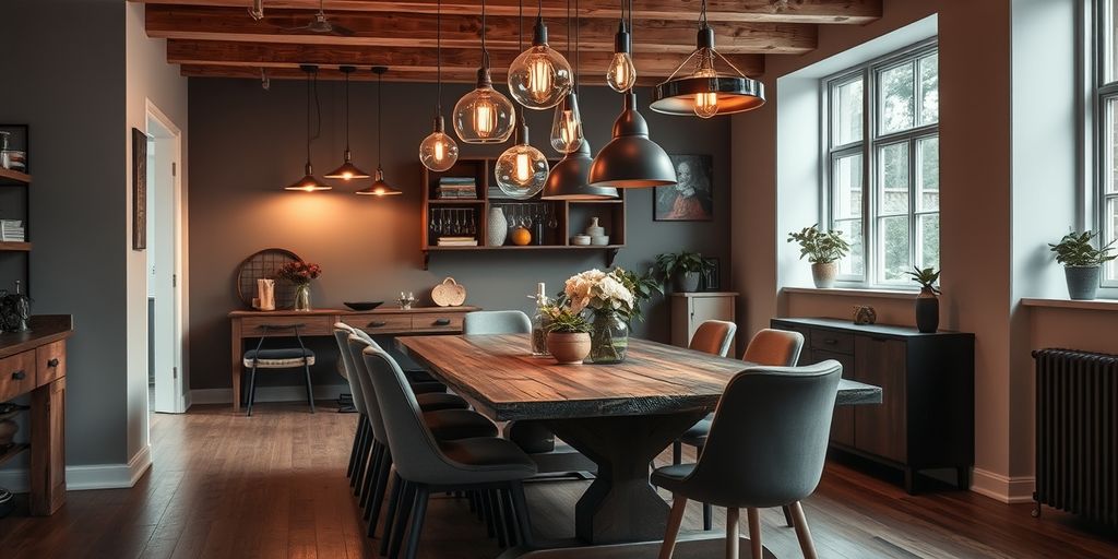 Dining room with stylish pendant lights