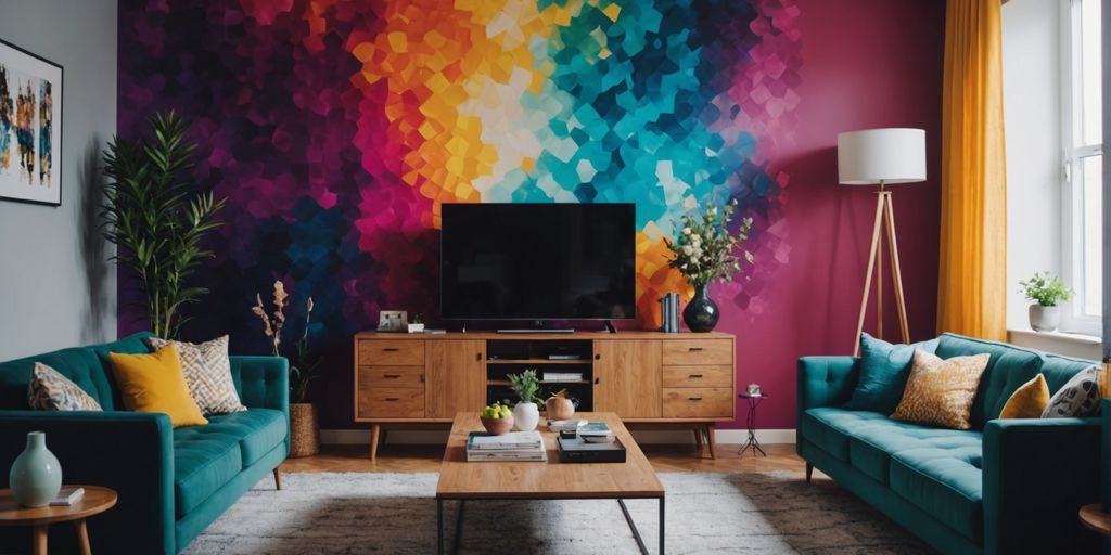 Modern living room featuring a vibrant accent wall design