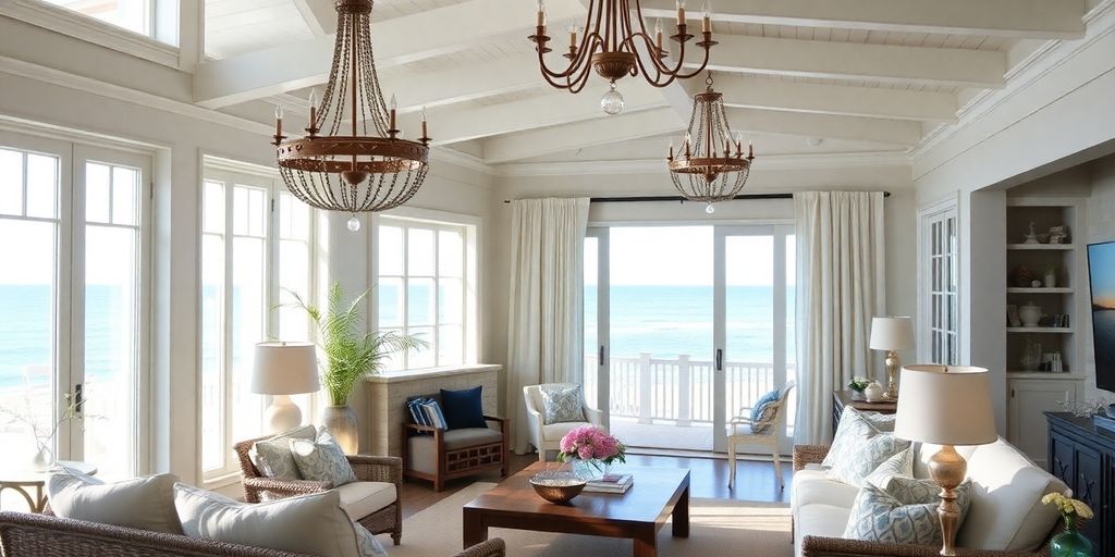 Coastal chandeliers in a bright beach-inspired living room.