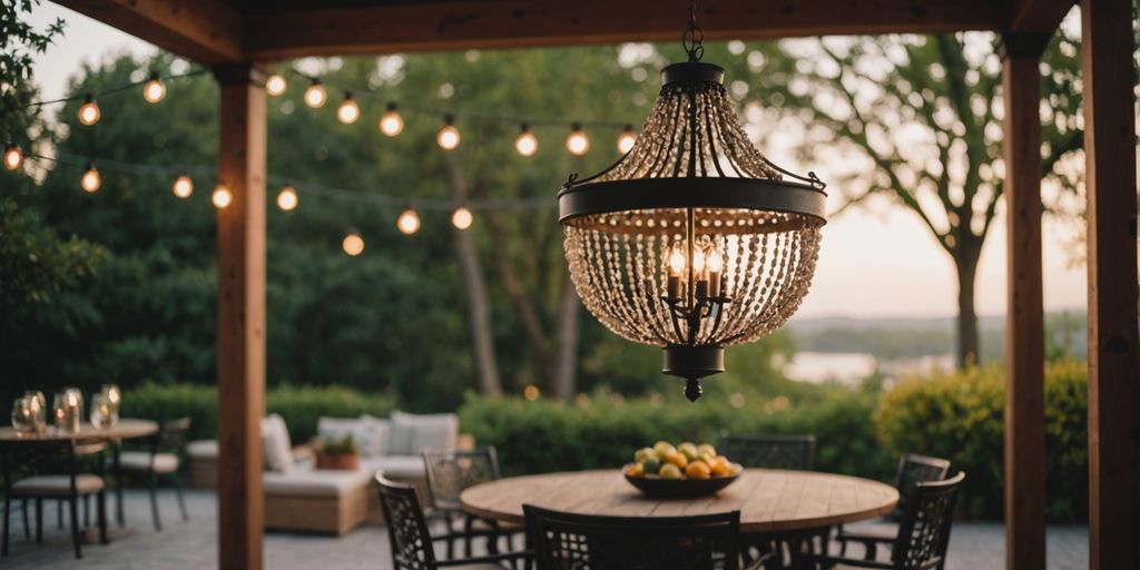 Weatherproof outdoor chandelier illuminating a stylish patio