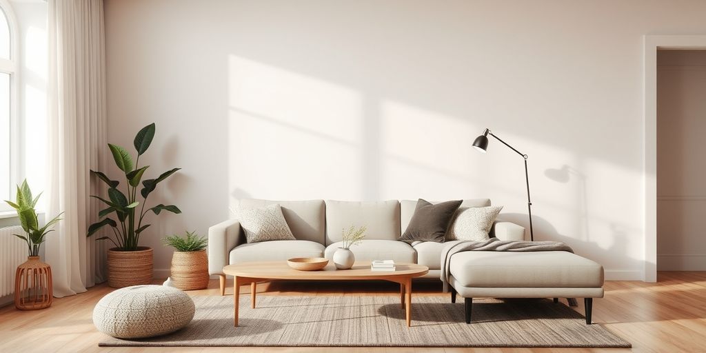 Minimalist living room with sofa and plants