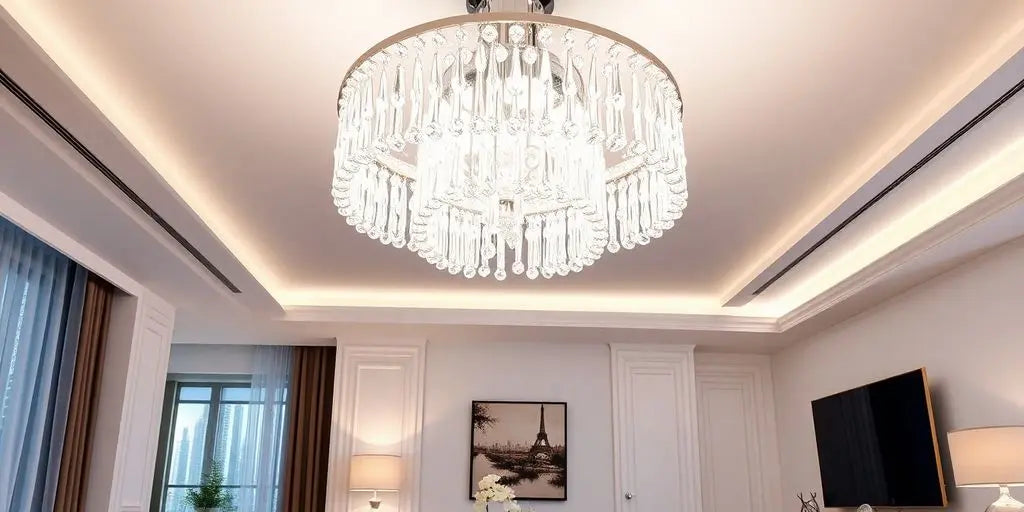 Modern crystal ceiling light illuminating a stylish room.