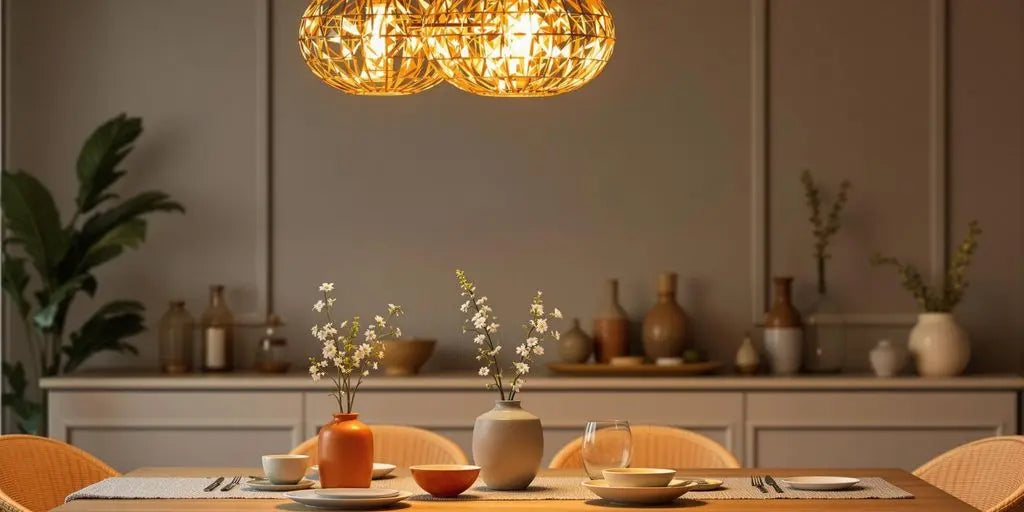 Elegant pendant light illuminating a cozy dining area.