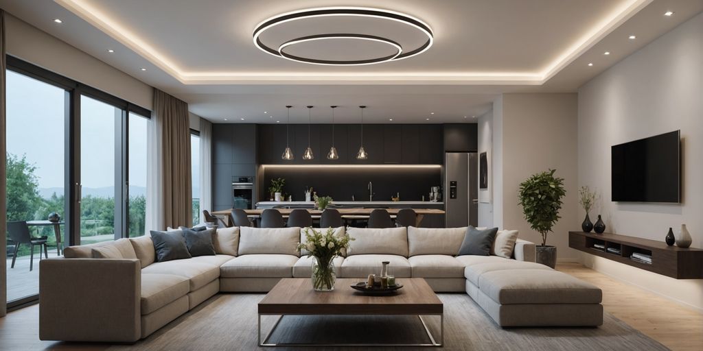 Modern living room with LED ceiling lights