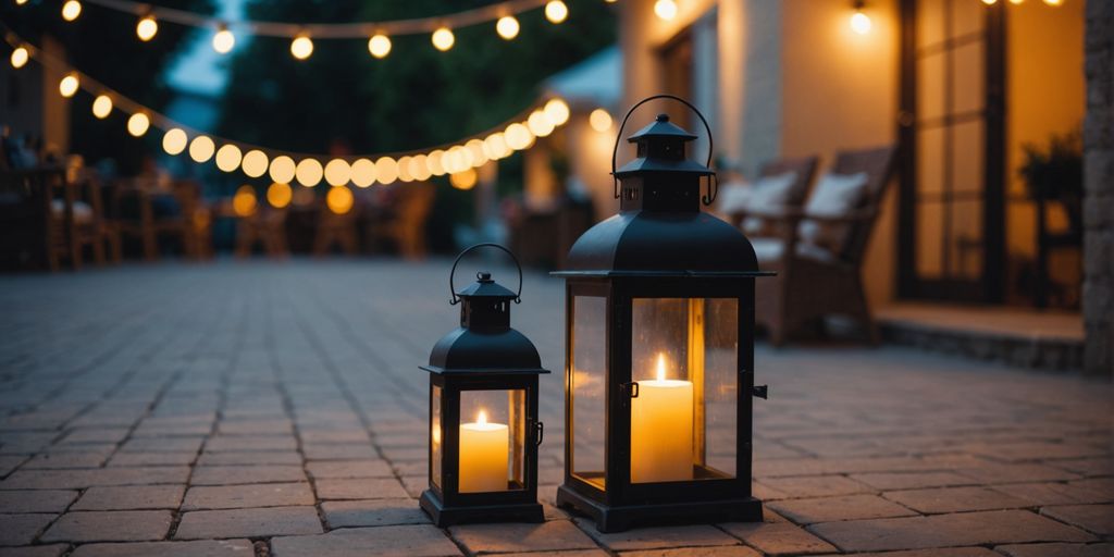 Outdoor lanterns lighting up a cozy evening patio.