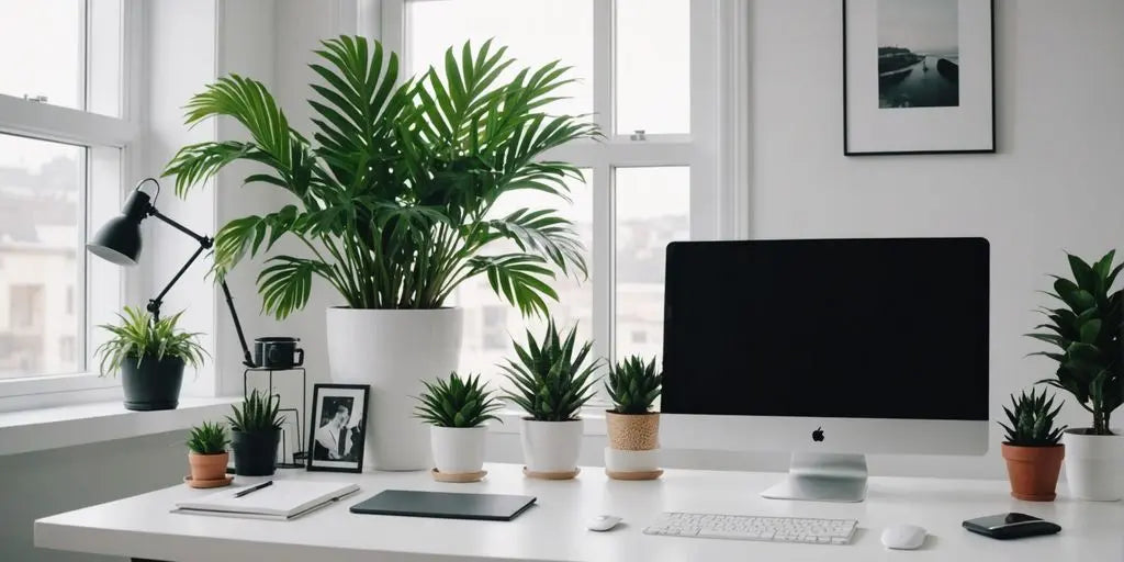 Minimalist home office with white desk and green plants