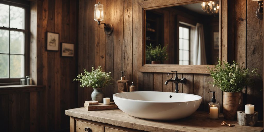 Farmhouse bathroom featuring rustic wood and vintage decor.