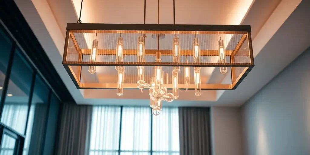 Modern rectangular chandelier illuminating a stylish interior space.