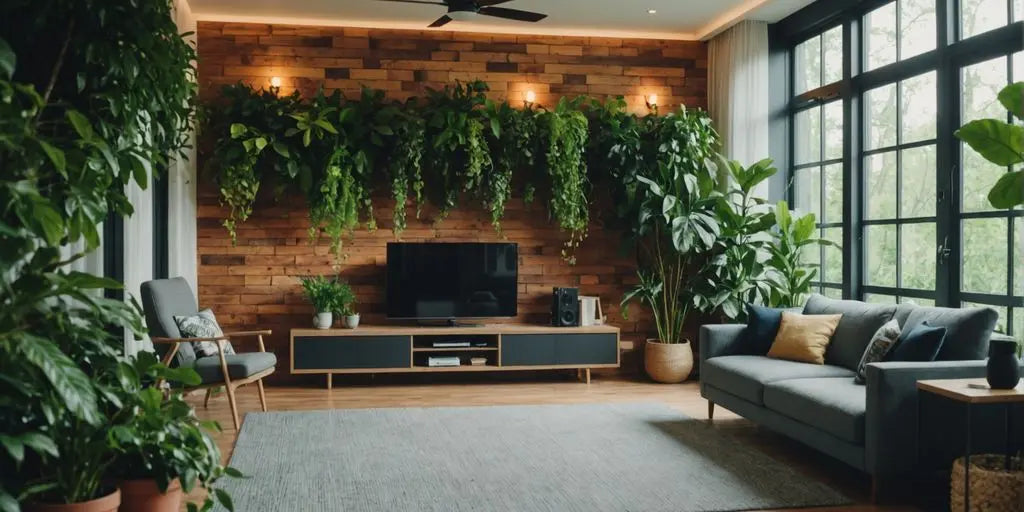 Sustainable interior design with eco-friendly decor and plants.