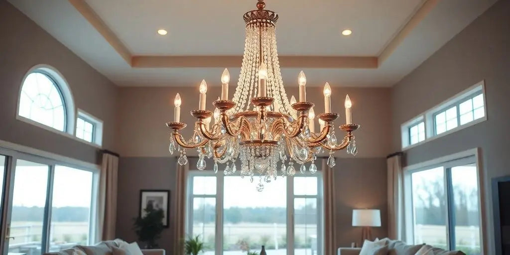 Large chandelier in a bright family room setting.