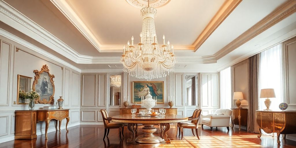 Bright crystal chandelier lights an elegant, modern dining room interior.