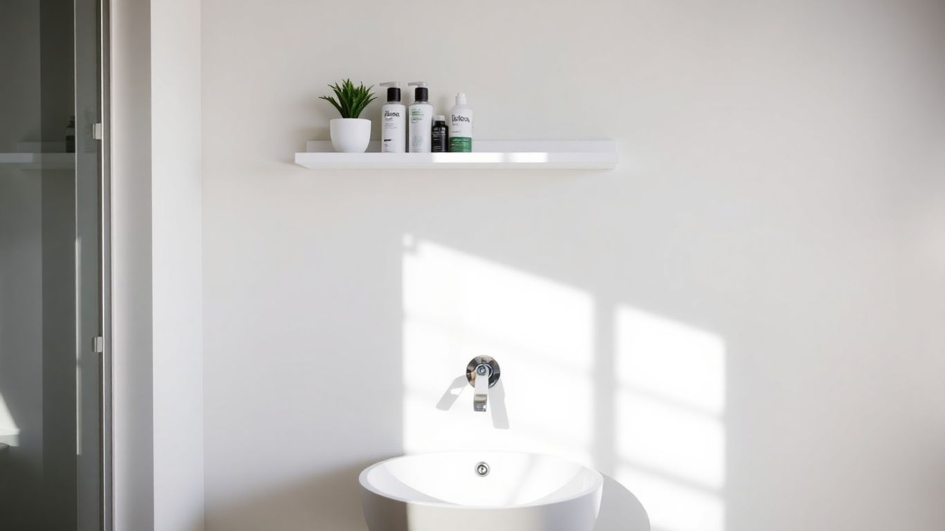 Bathroom shelf above sink with toiletries