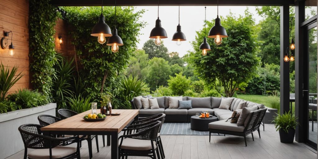 Stylish outdoor pendant lights on a cozy patio