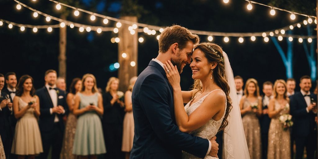 Outdoor wedding with string lights and starry sky.