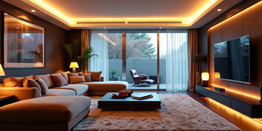 Modern living room with LED lights and sleek furniture.