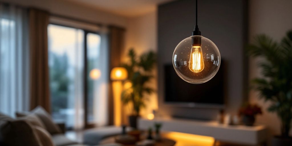 Modern light fixture in a cozy living room.