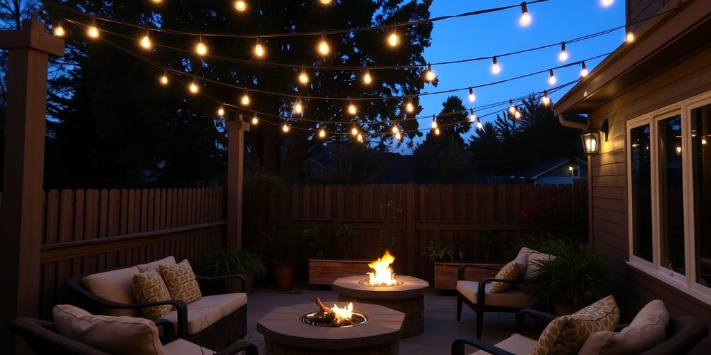 Cozy patio with string lights at dusk