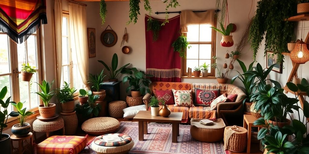 Cozy boho living room with colorful decor and plants.