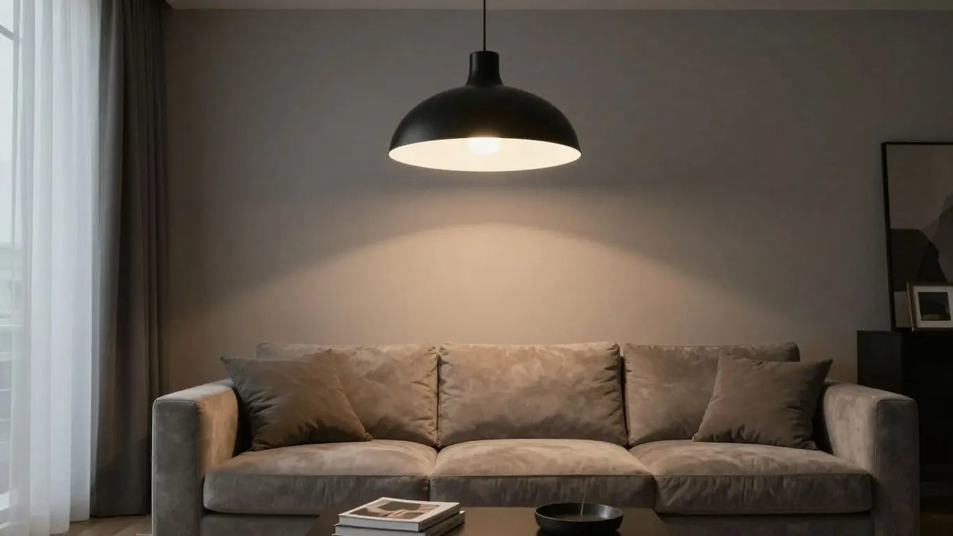 Stylish black ceiling light in a modern living room.