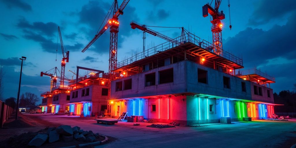 Colorful LED lights brightening a construction site at night.