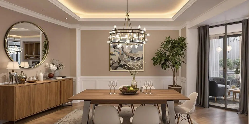 Elegant dining room with a beautiful chandelier above the table.