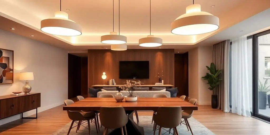 Modern dining room with stylish pendant lights and decor.