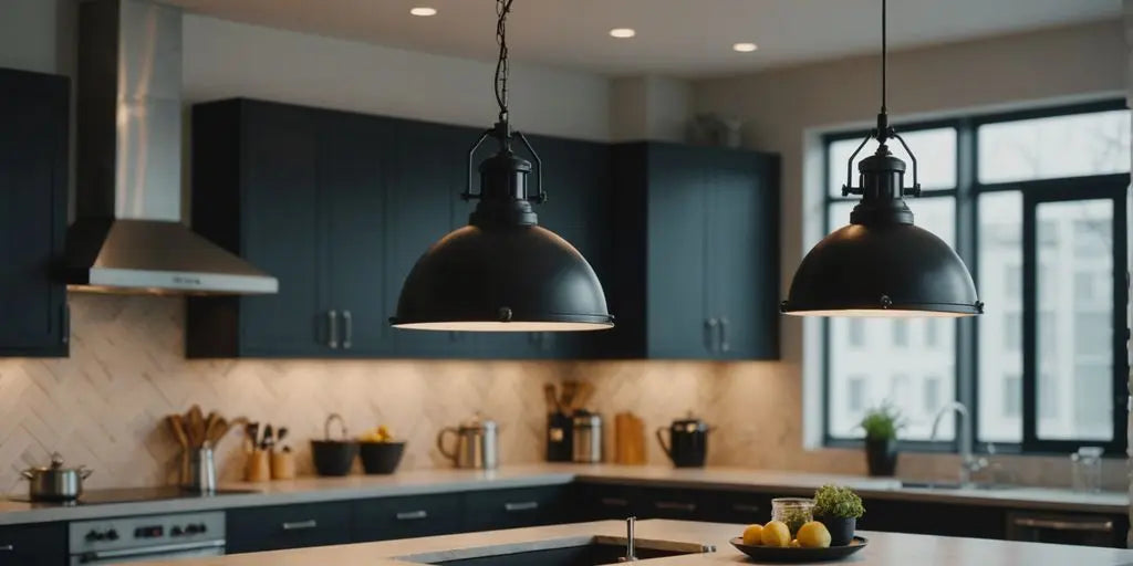Modern kitchen with sleek industrial pendant lights.