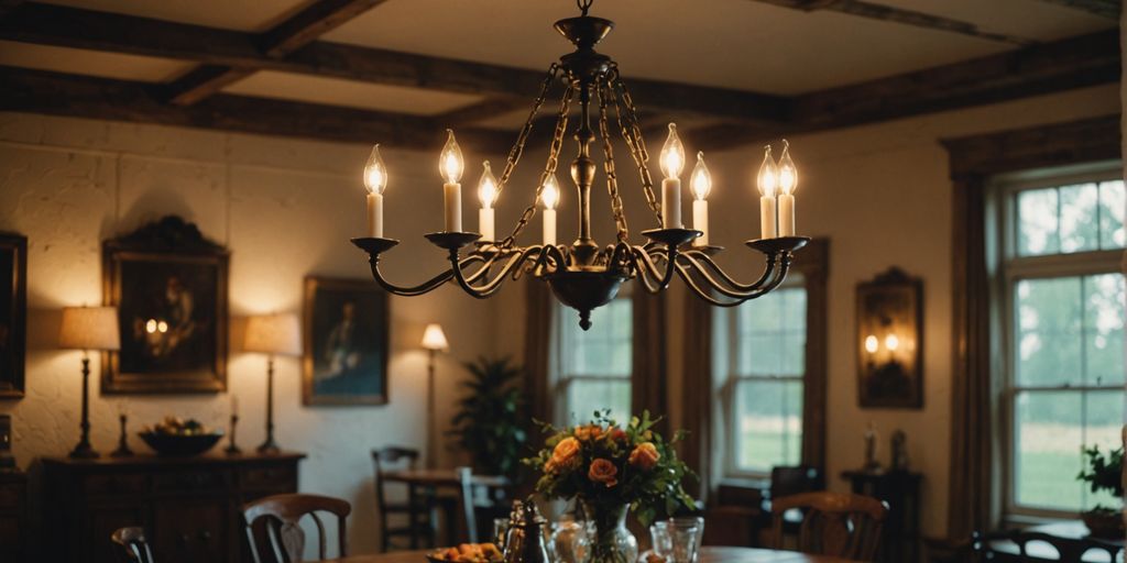 Farmhouse chandelier hanging in rustic dining room setting.