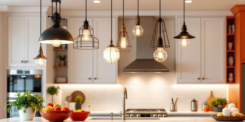 Elegant pendant lights over a modern kitchen island.