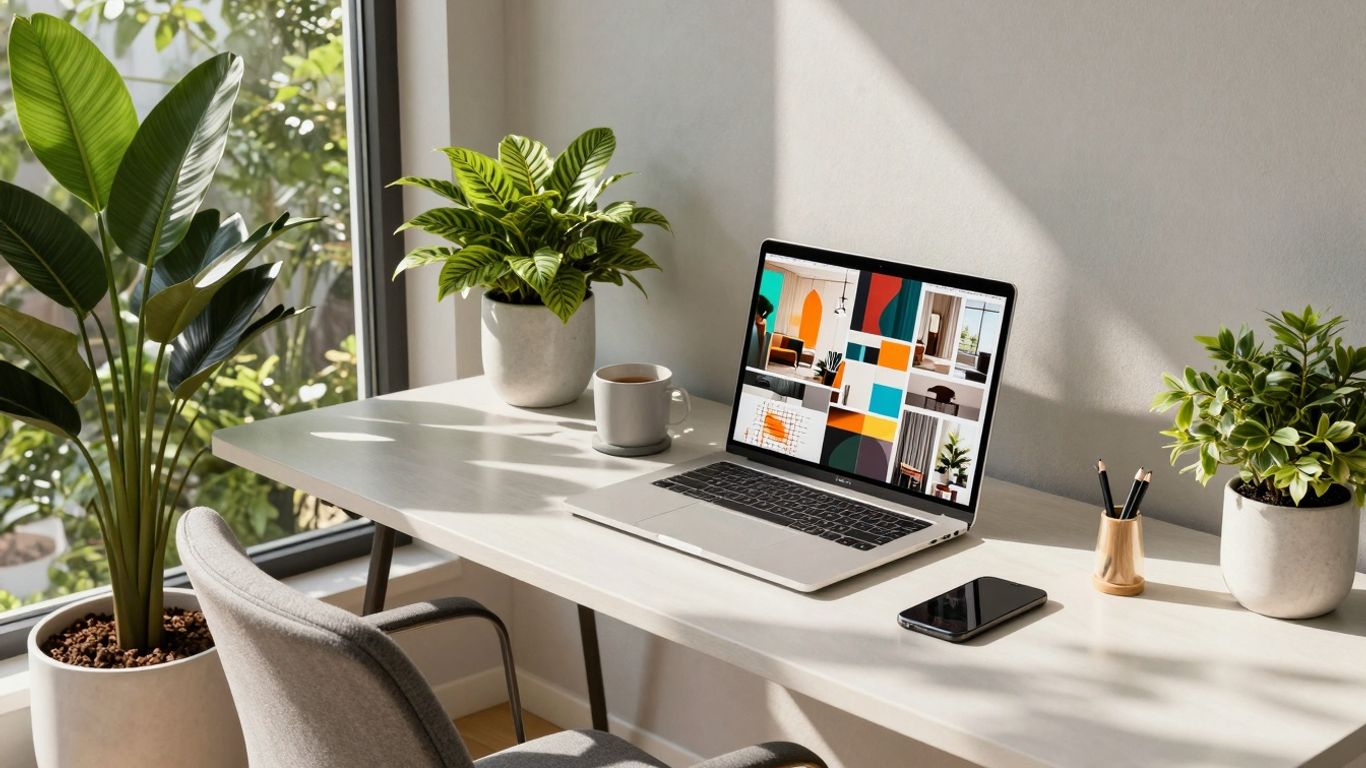 Home office with laptop and interior design mood board.