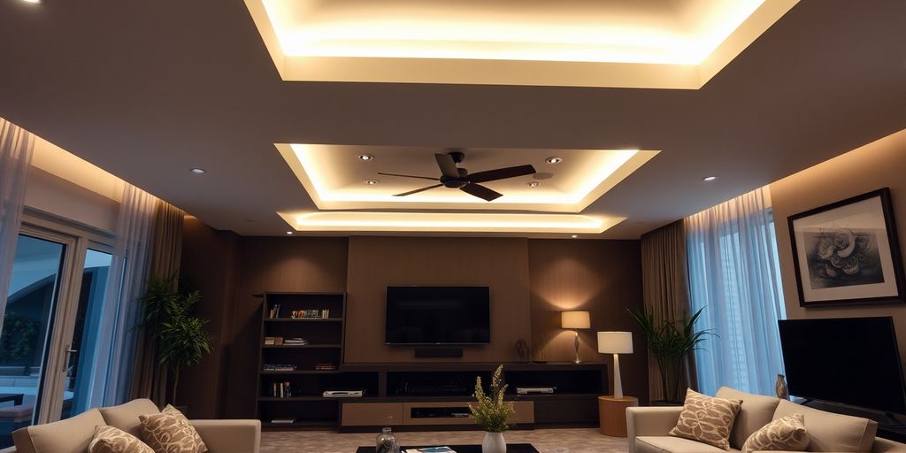 Modern living room with ceiling uplighters