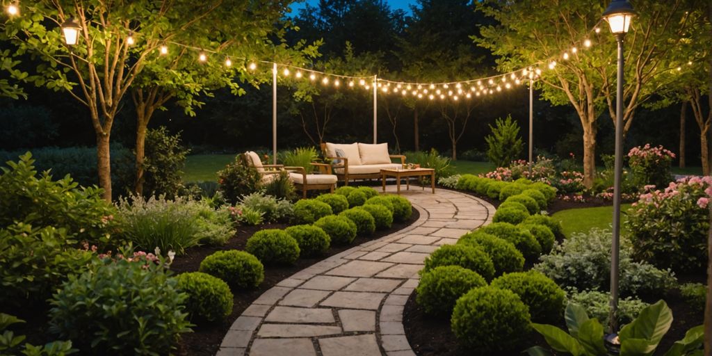 Garden at dusk with outdoor lights