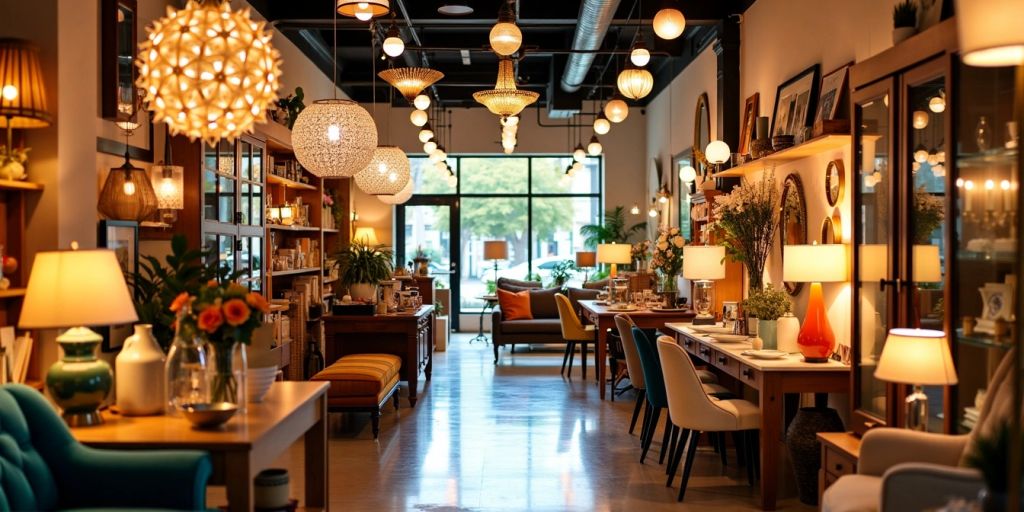 Interior of a lighting store with various fixtures.