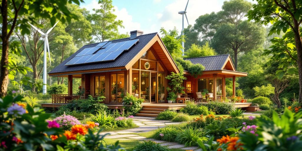 Eco-friendly sustainable home with solar panels and greenery.