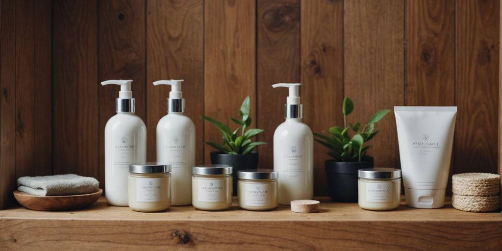 Various eco-friendly bathroom products on a wooden shelf.