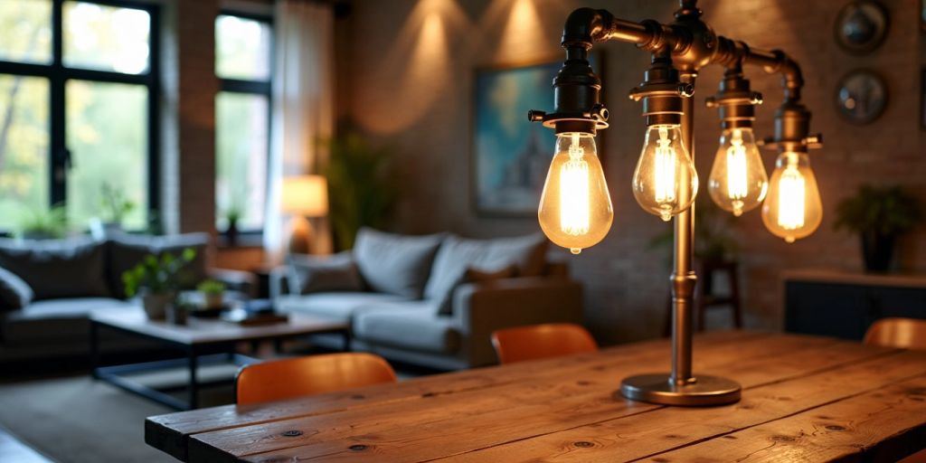 Industrial lamp with exposed bulbs and metal fixtures.