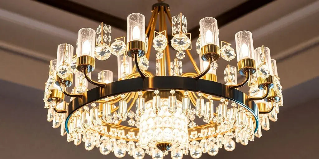 Chrome and gold chandelier with shimmering crystals.