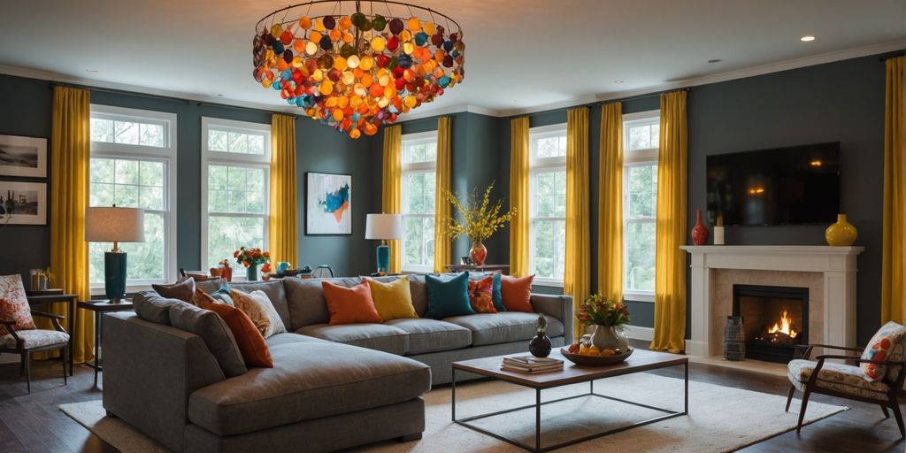 Modern chandelier with colorful shades in cozy living room